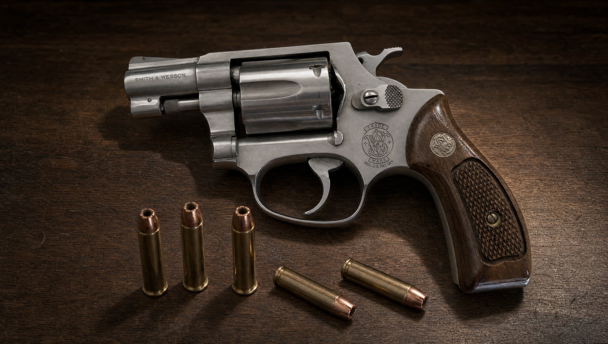 Five 32 H&R Magnum hollow point cartridges on a walnut bench beside a stainless Smith & Wesson 631 revolver