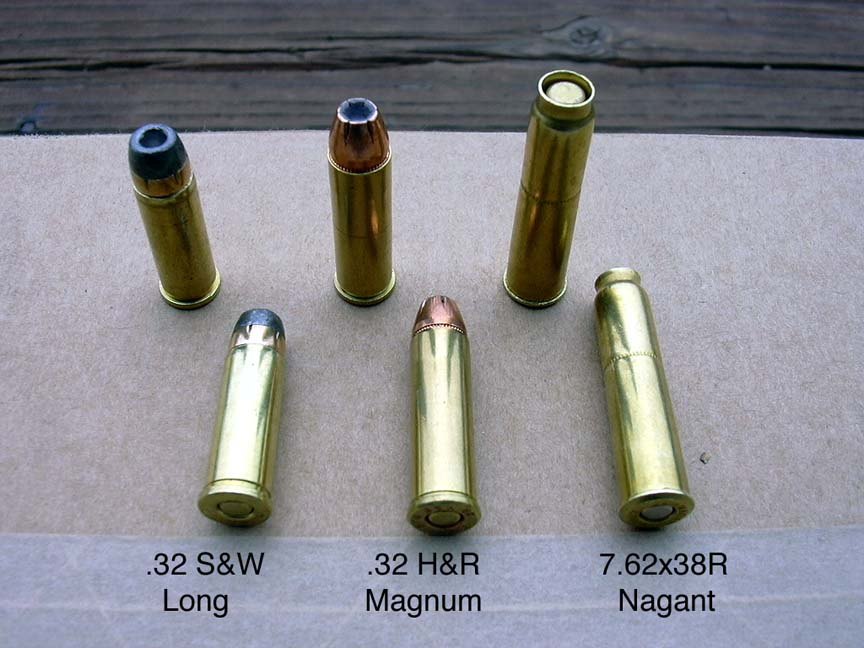 Labeled 32 S&W Long, 32 H&R Magnum and 7.62x38R Nagant cartridges compared