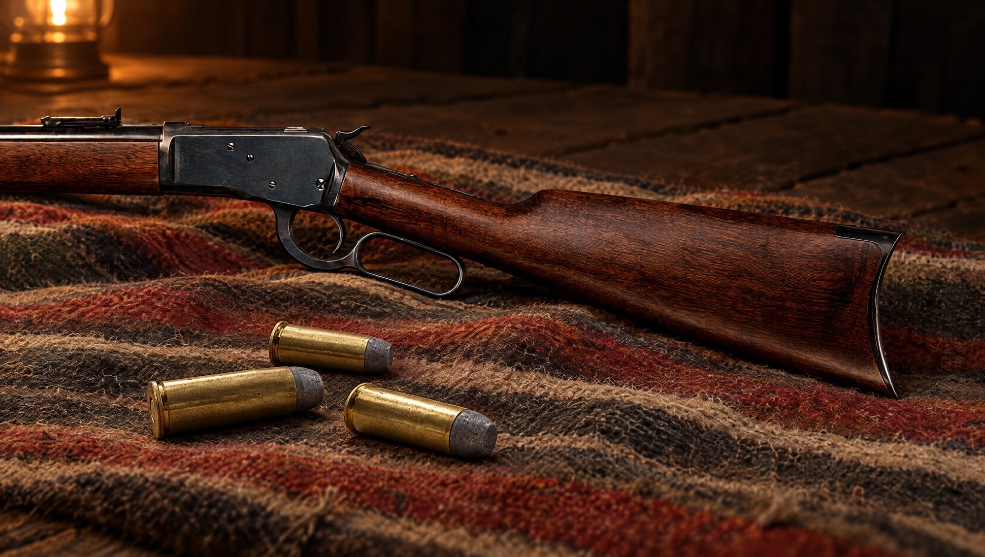 Three 44-40 ammo cartridges on a saddle blanket beside a Winchester 1892 lever-action rifle
