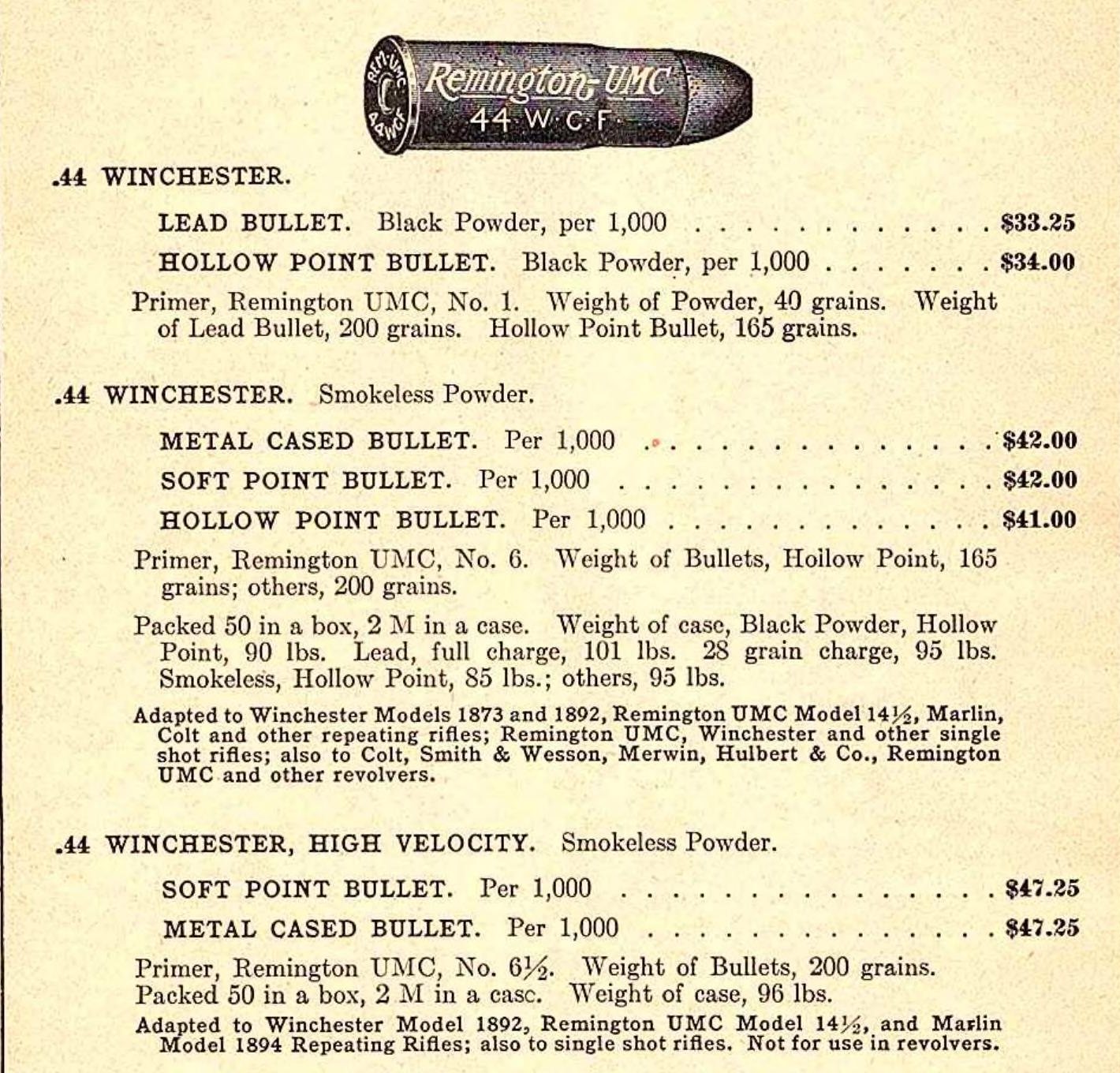 Page from a 1918 Remington UMC catalog listing .44 Winchester loads and a High Velocity load marked not for use in revolvers