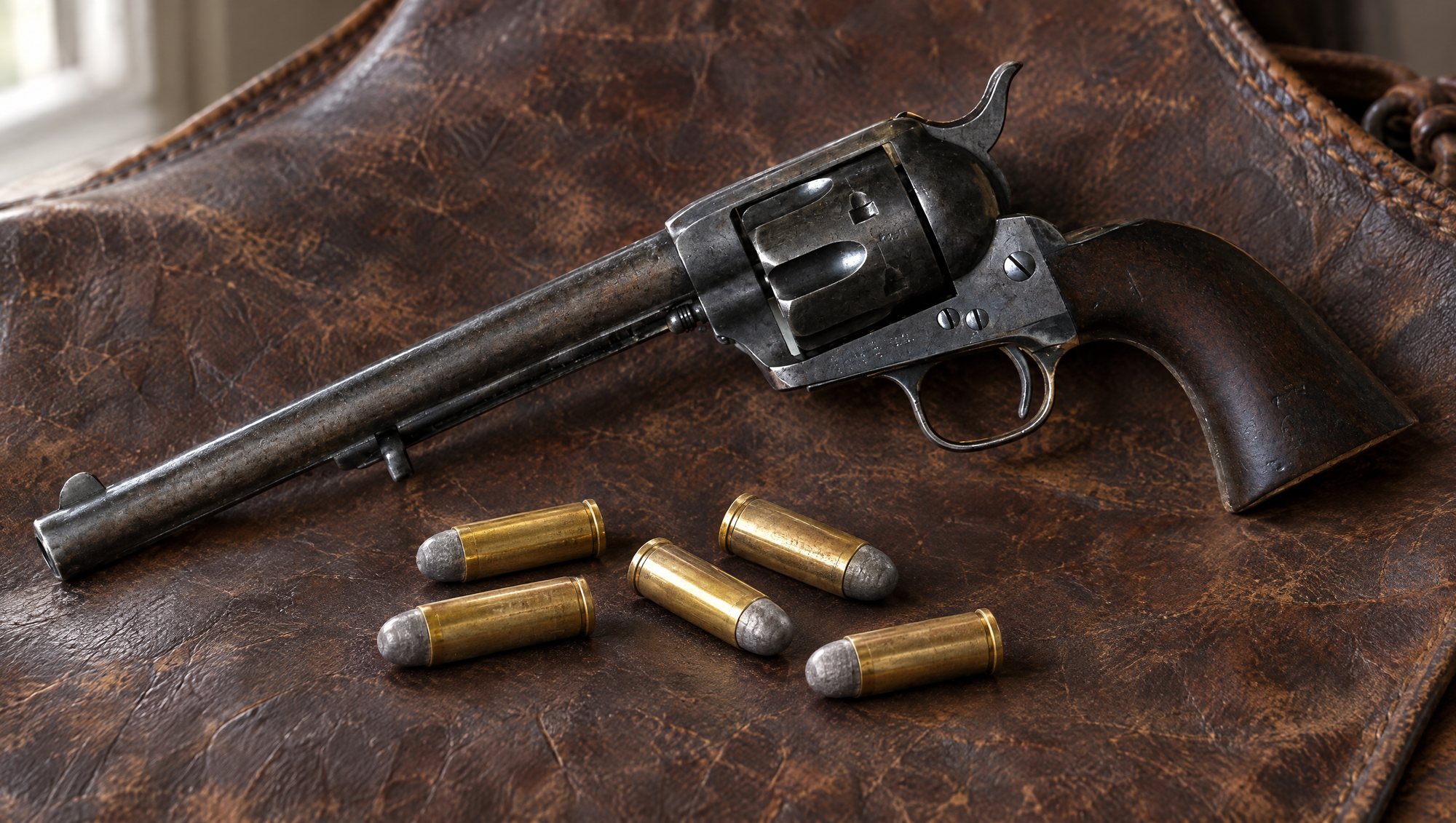 Five 45 Colt ammo cartridges on worn leather beside a Colt Single Action Army revolver