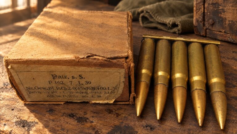 Vintage box of 8mm Mauser ammo beside five brass cartridges on a stripper clip