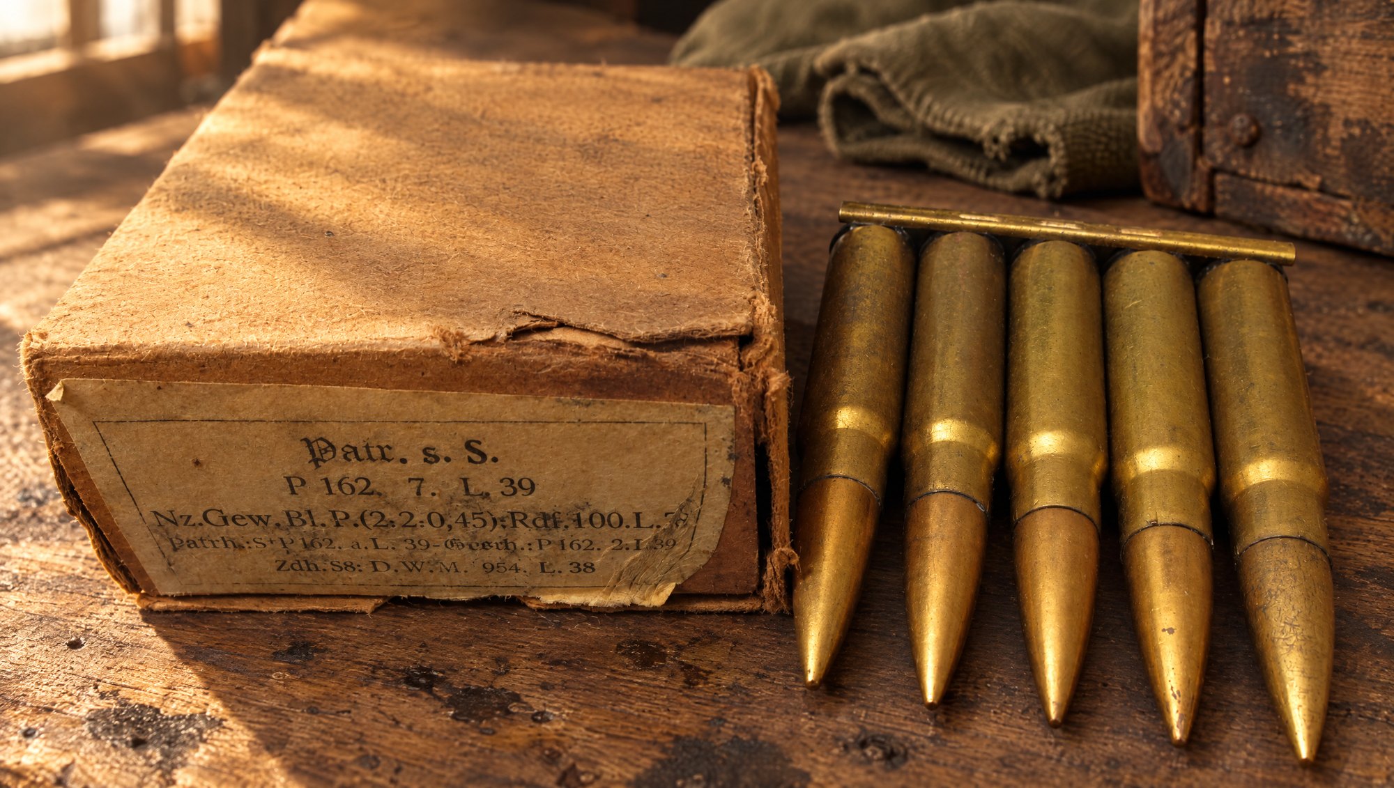 Vintage box of 8mm Mauser ammo beside five brass cartridges on a stripper clip
