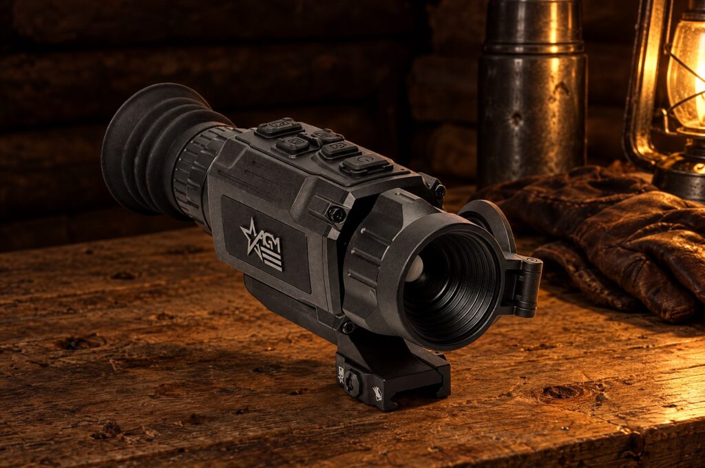 AGM Rattler V2 19-256 thermal scope on a pine camp table in lantern light