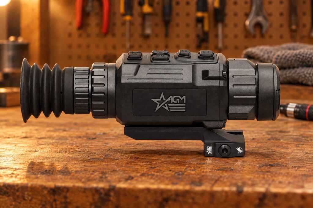 AGM Rattler V2 25-256 thermal scope standing on its mount on an oak workbench
