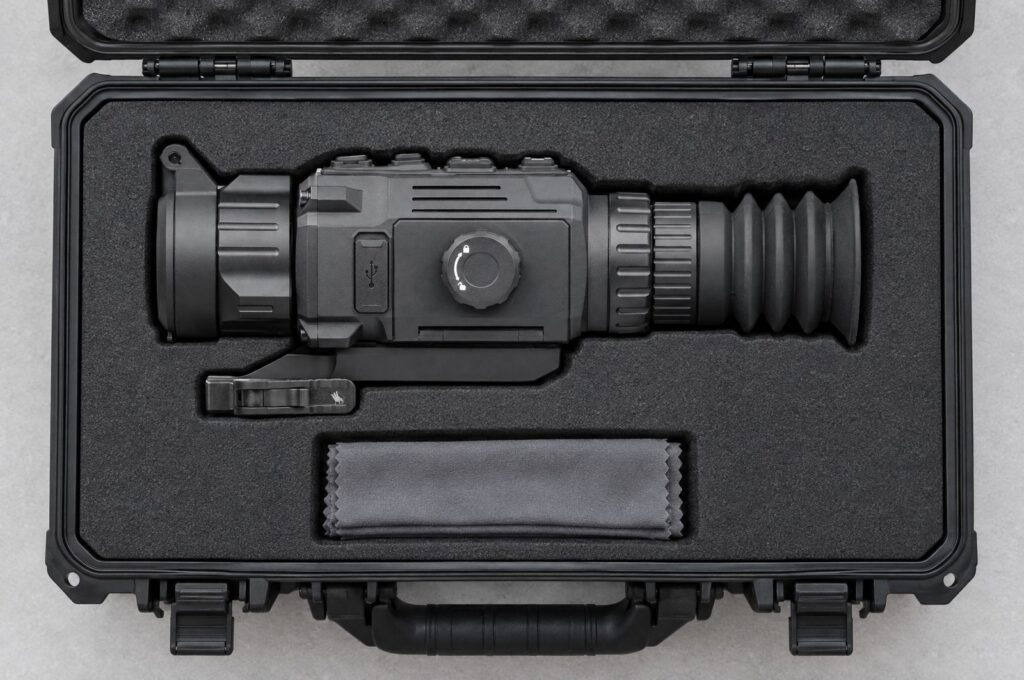 AGM Rattler V2 25-384 thermal scope in a foam-lined hard case showing the battery cover knob