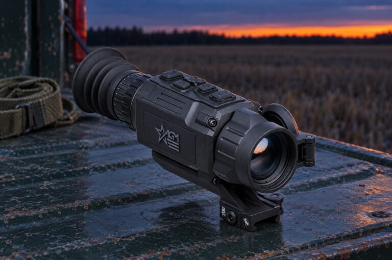 AGM Rattler V2 35-384 thermal rifle scope on a pickup tailgate at dusk