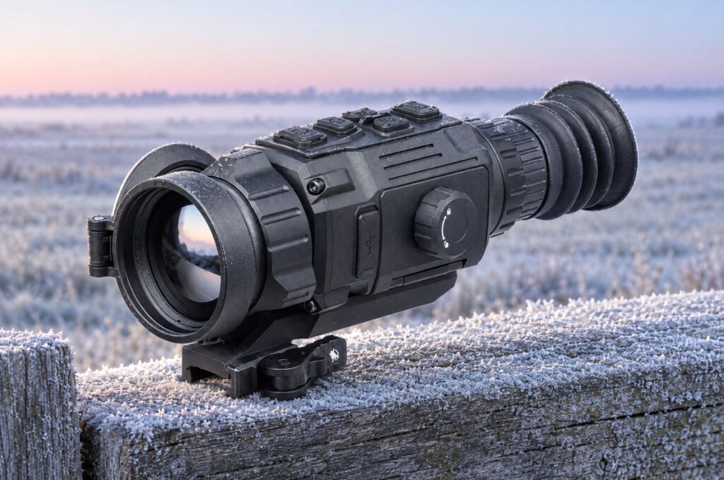 AGM Rattler V2 50-640 thermal scope with 50 mm lens on a frosted fence rail at dawn