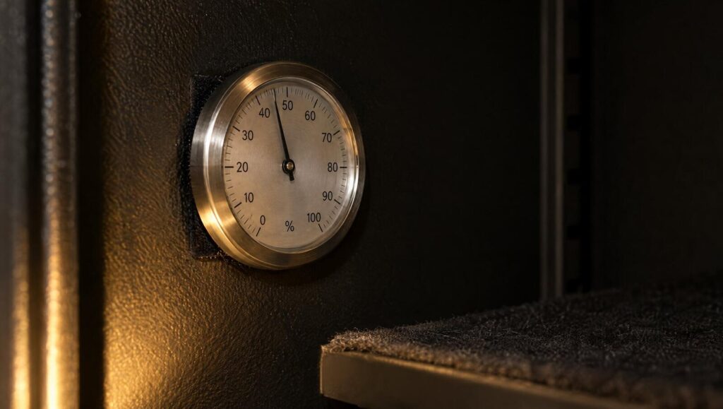 Round analog dial hygrometer mounted inside a gun safe, needle just under 50 percent