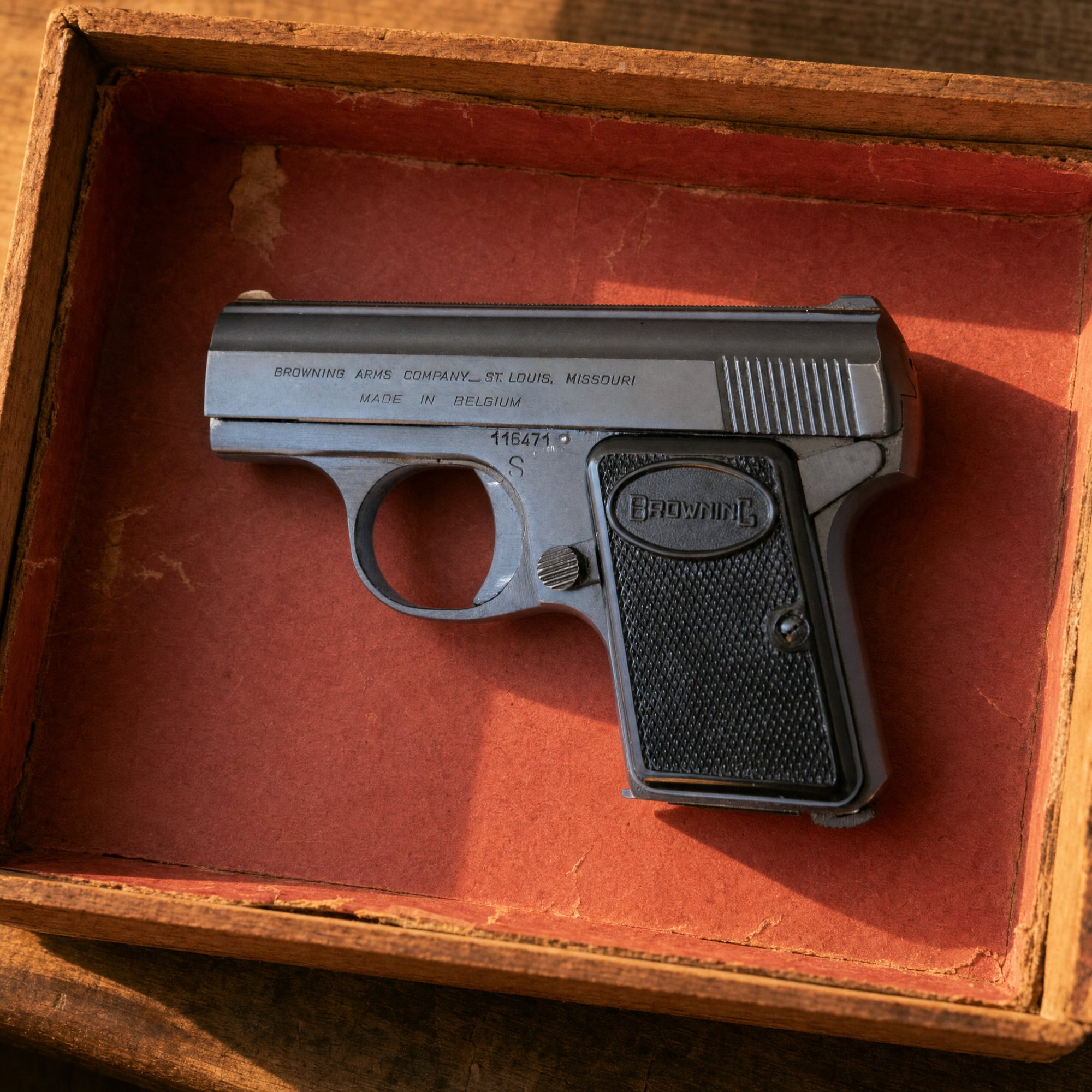 Baby Browning 25 ACP pistol in an open wooden cigar box lined with red paper