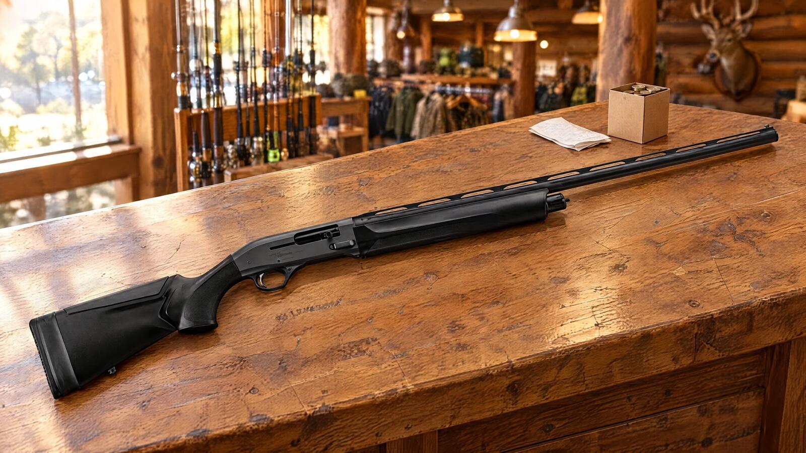 Black Beretta A300 Ultima semi-auto shotgun lying flat on a worn oak counter in a rustic outdoor sporting goods store