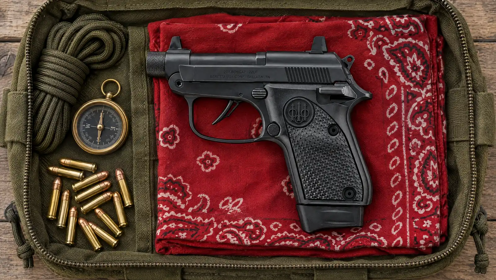 Beretta 20X Bobcat .22 LR pocket pistol in black with a threaded barrel, slide marked 20X Bobcat 22LR, lying on a red bandana in a survival kit pouch beside a compass, paracord and .22 cartridges