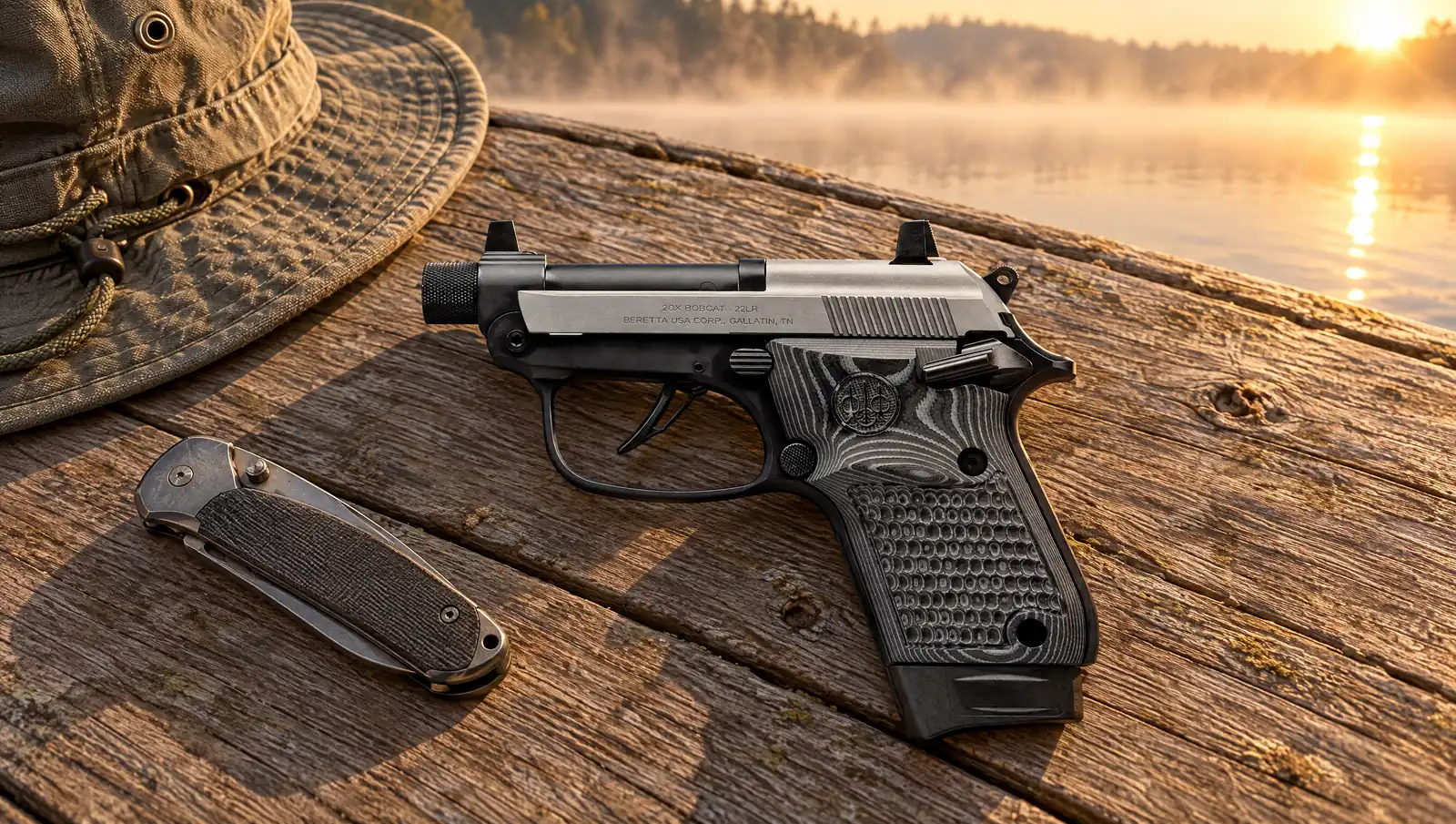 Beretta 20X Bobcat with a gray slide, threaded barrel and patterned grips, lying on a wooden dock at sunrise beside a folding knife and a fishing hat