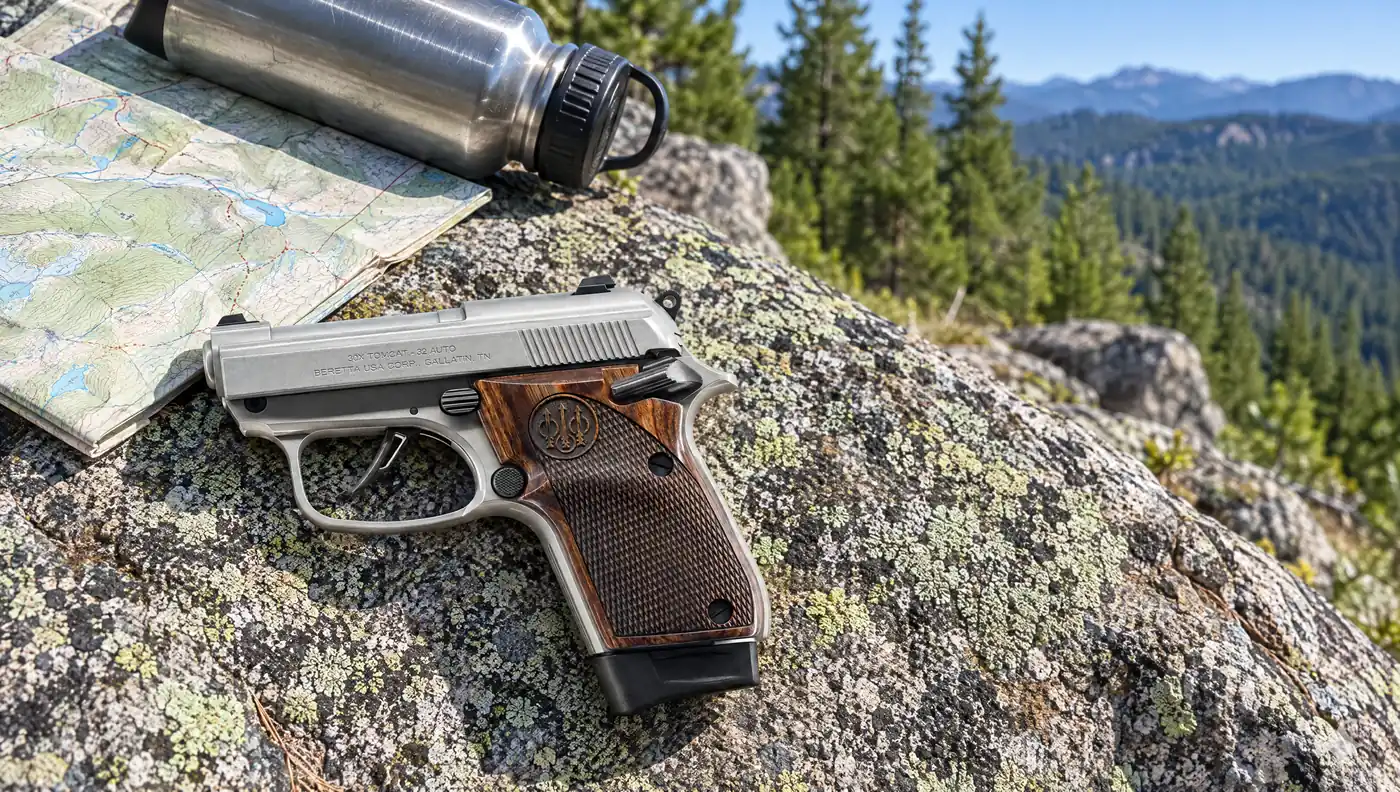 Stainless Beretta 30X Tomcat with walnut grips lying on a lichen-covered granite boulder beside a trail map and a steel water bottle