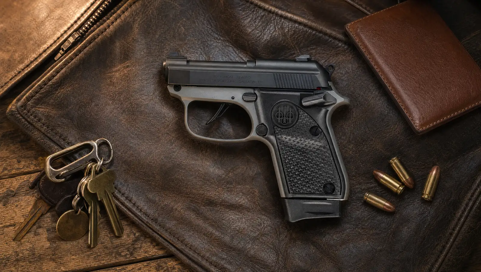 Beretta 30X Tomcat .32 ACP pocket pistol with a black slide and gray frame, slide marked 30X Tomcat 32 Auto, lying on a brown leather jacket beside house keys, a wallet and .32 ACP cartridges