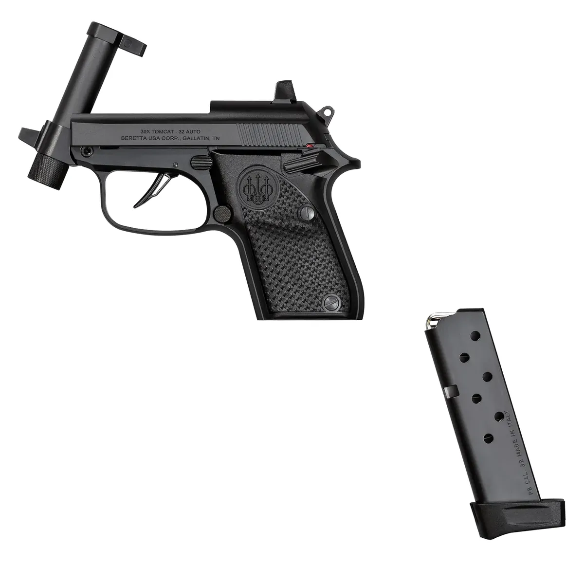 Beretta 30X Tomcat Do It Yourself with its threaded tip-up barrel open for loading and the 8 round magazine beside it, Beretta photo