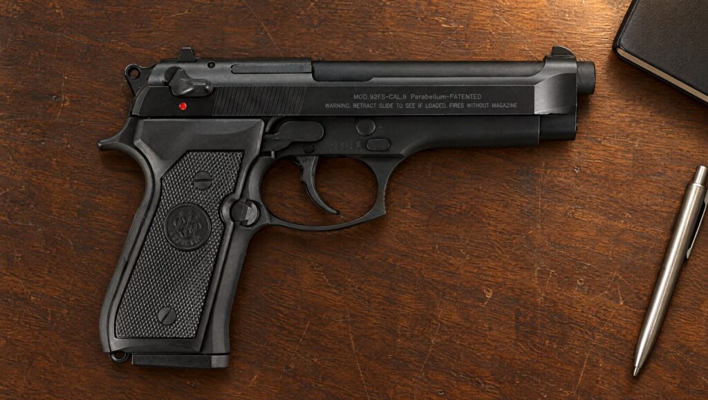 Beretta 92FS in black Bruniton with slide-mounted safety lever and no accessory rail lying flat on a walnut desk