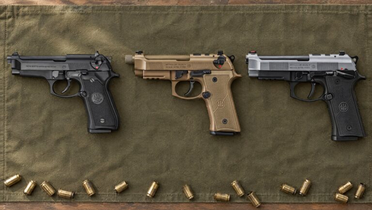 Beretta 92 models compared: a black Beretta 92FS, a Flat Dark Earth Beretta M9A4 and a two-tone Beretta 92XI SAO lying flat on a canvas shooting mat