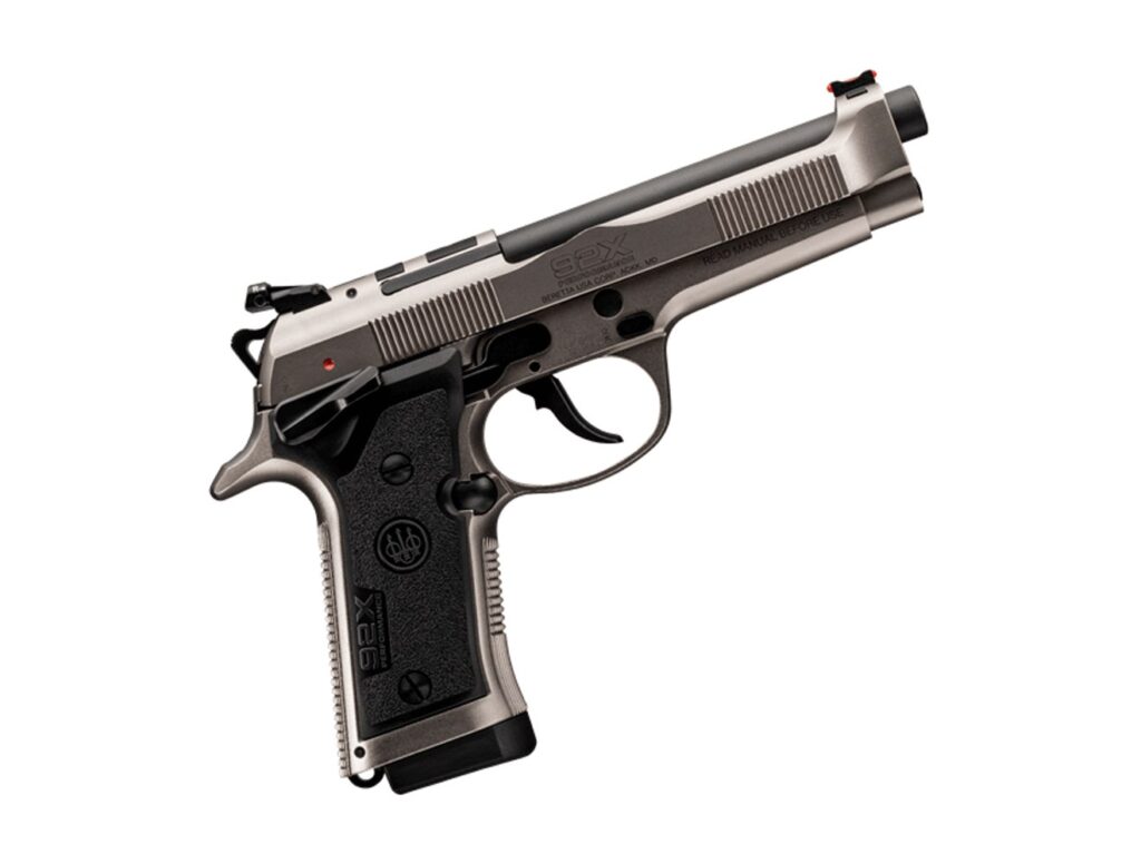 Beretta 92X Performance Defensive with steel frame, no accessory rail and thin textured grips, side view