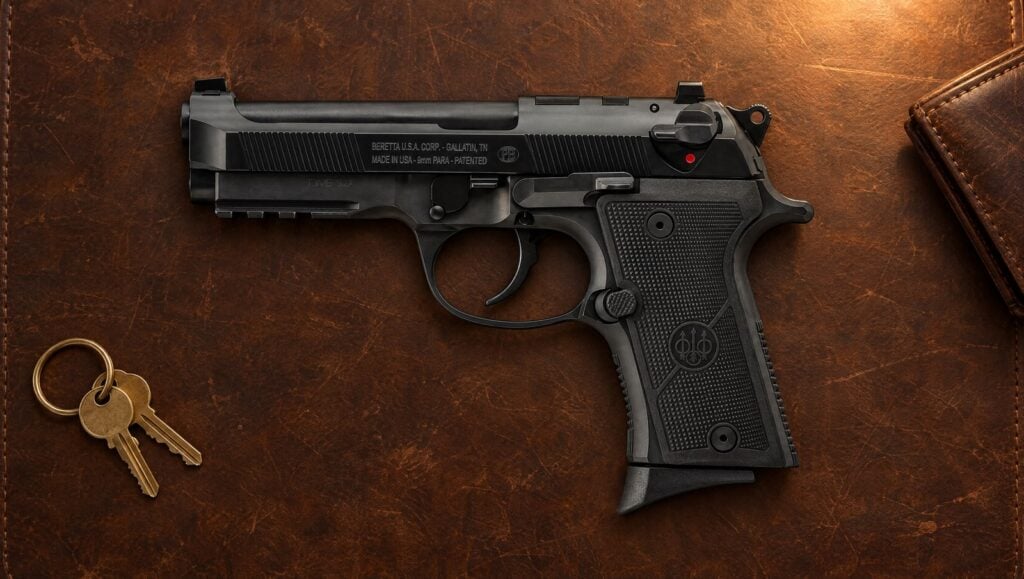Beretta 92X RDO Compact with short grip, rail and optic-ready slide lying flat on a leather desk pad