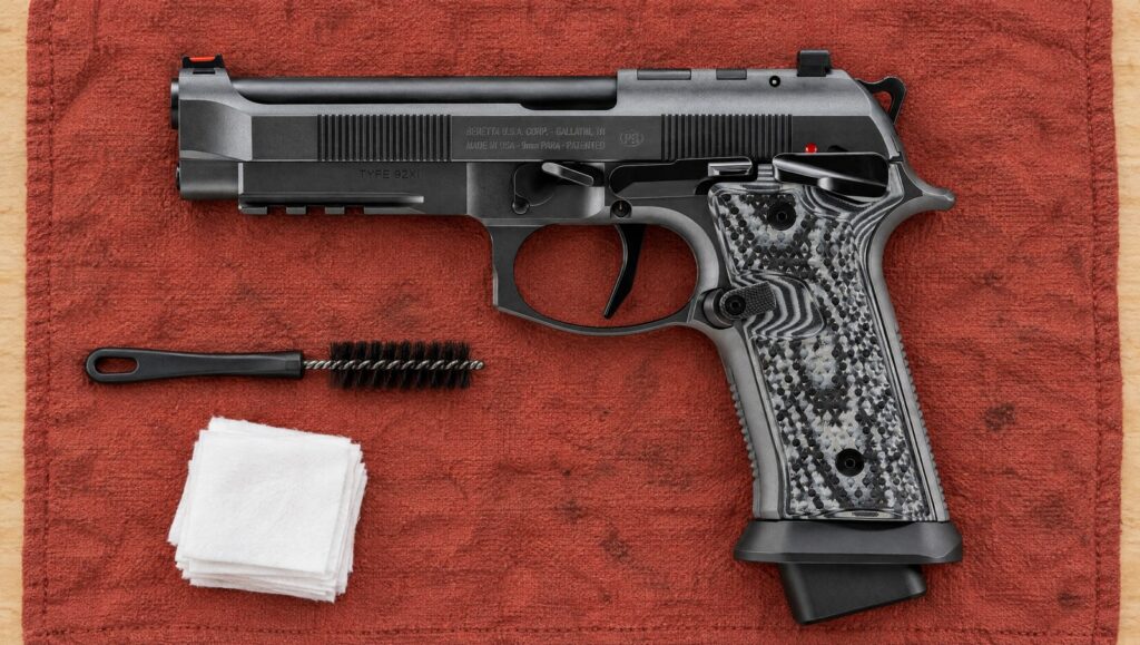 Beretta 92XI Squalo with flared Toni System magwell, G10 grips and extended magazine base pad lying flat on a red shop towel