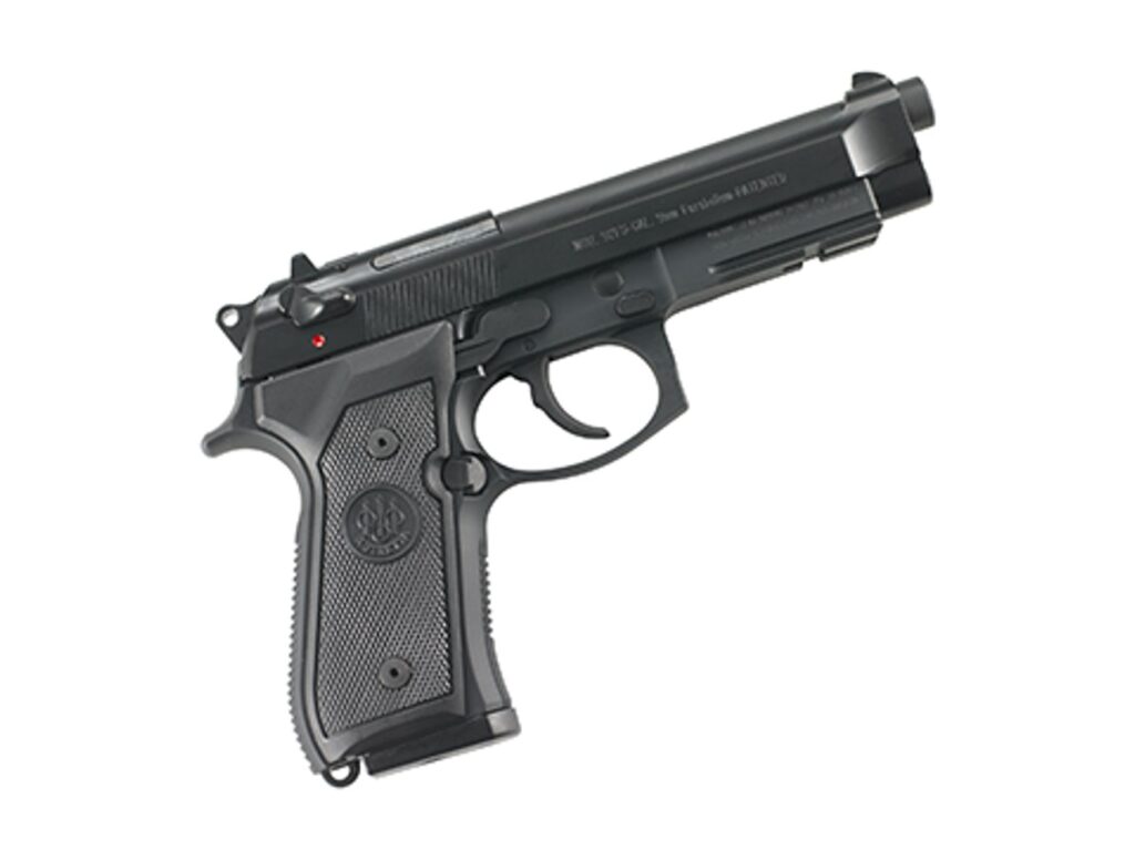 Beretta M9A1 9mm pistol with accessory rail and checkered front strap, side view