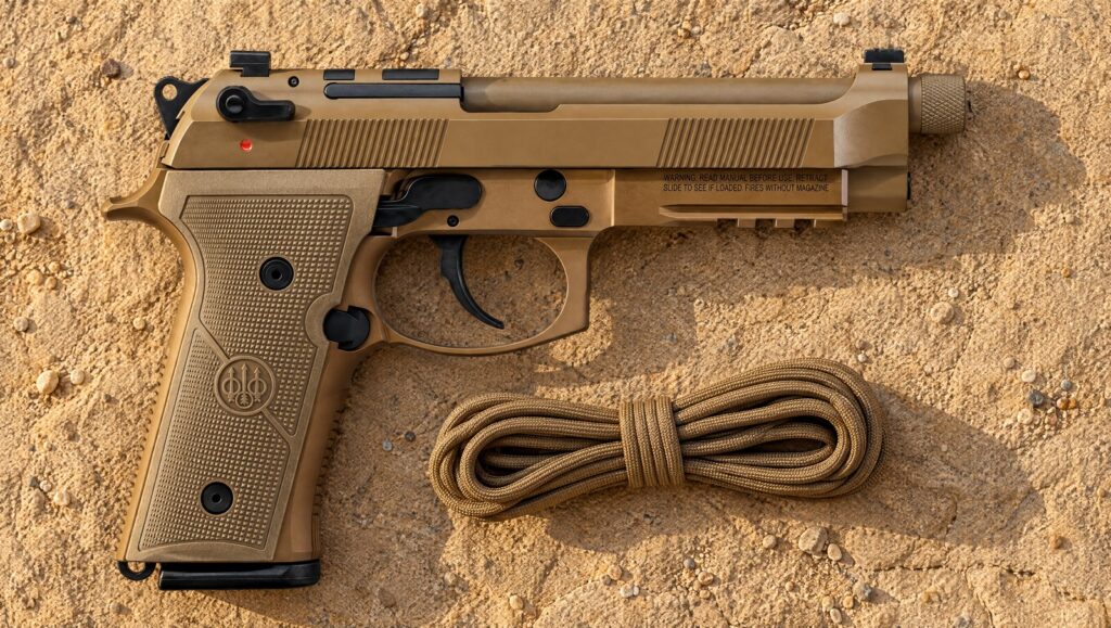 Beretta M9A4 Full Size in Flat Dark Earth with threaded barrel, rail and optic cut covers lying flat on tan sandstone