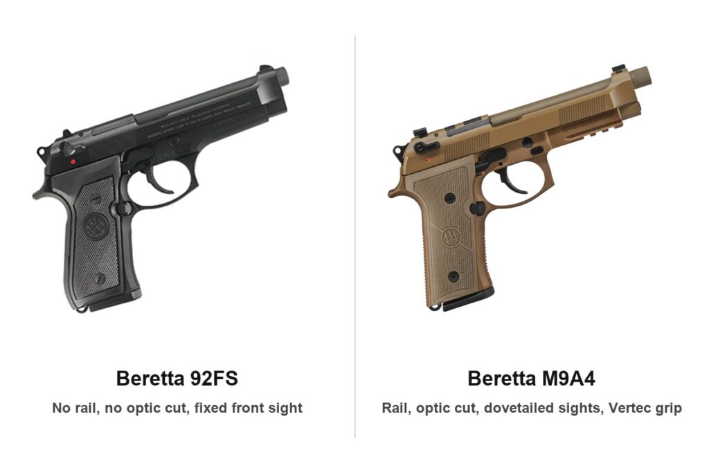Beretta 92FS with no accessory rail beside a Beretta M9A4 with a rail and optic cut, the difference that decides which Beretta 92 parts fit