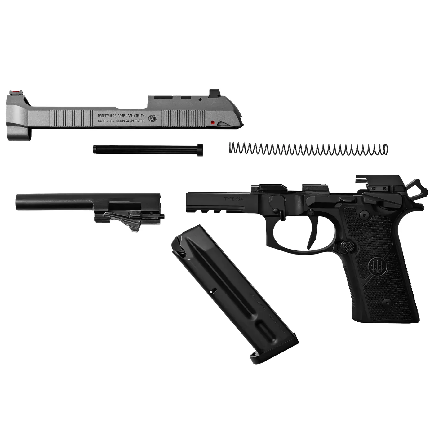 Beretta 92XI field stripped: slide, barrel with locking block, recoil spring and guide, frame and magazine, Beretta photo