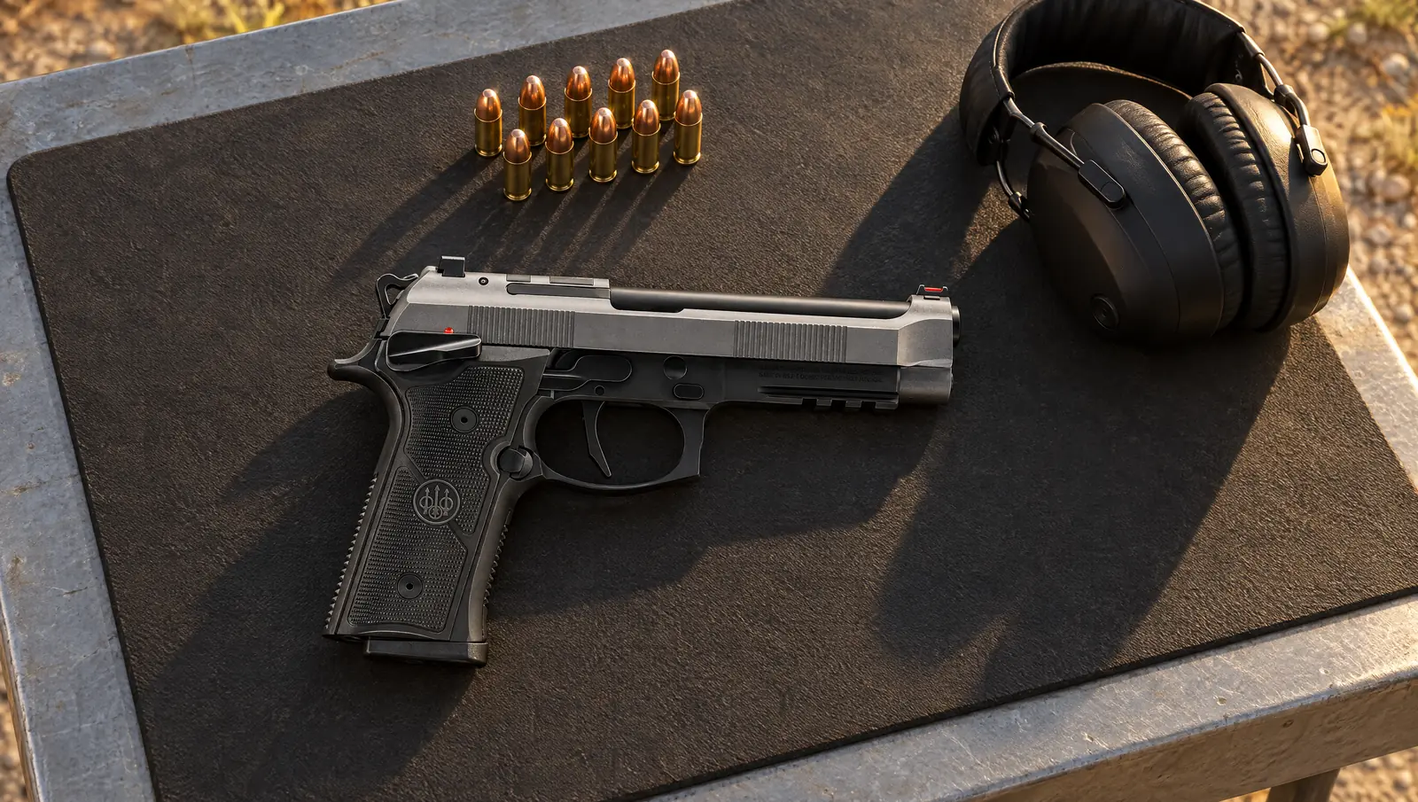 Beretta 92XI single action pistol, right side showing the gray slide, red fiber optic front sight and accessory rail, lying on a range table beside 9mm cartridges and ear muffs