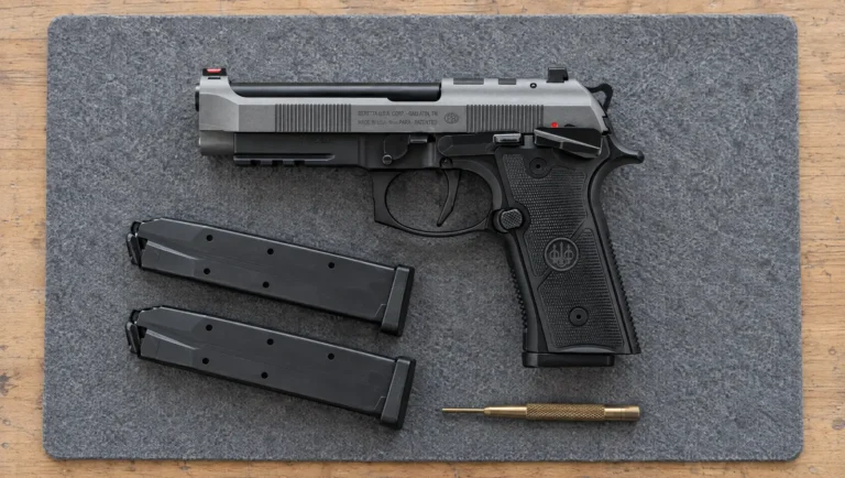 Beretta 92XI SAO 9mm pistol with a gray slide marked Beretta U.S.A. Corp. Gallatin, TN and a black frame with a frame-mounted safety, lying on a bench mat beside two magazines and a brass punch