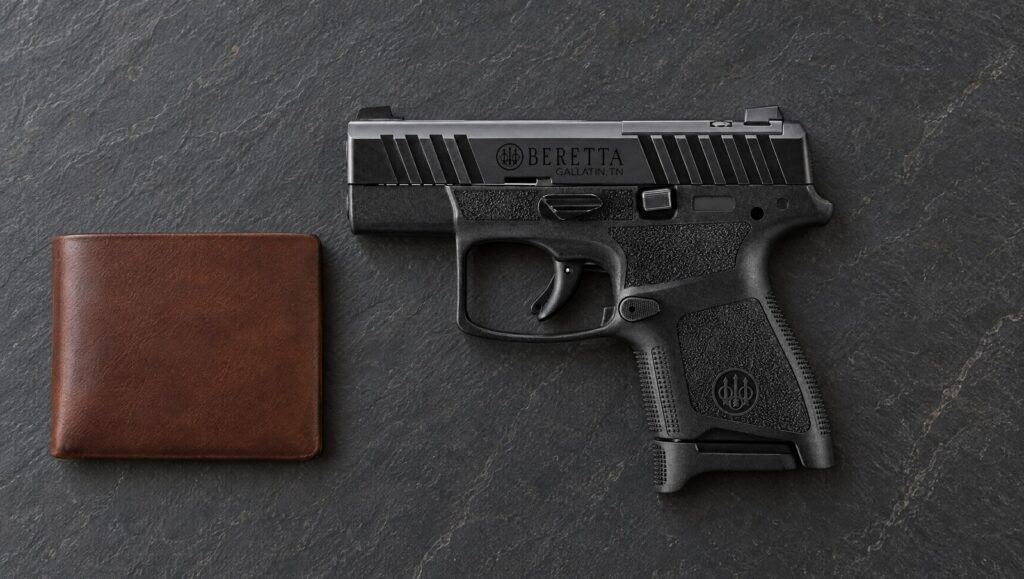 Beretta APX A1 Carry single-stack 9mm pistol lying flat on a dark slate countertop beside a brown leather wallet, left side showing the BERETTA Gallatin, TN marking