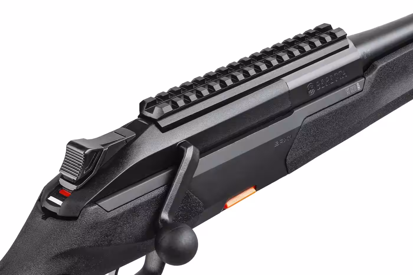 Close-up of the Beretta BRX1 action showing the three-position safety on the rear of the bolt carrier, the ball bolt handle, Picatinny rail and orange magazine release tab, Beretta photo