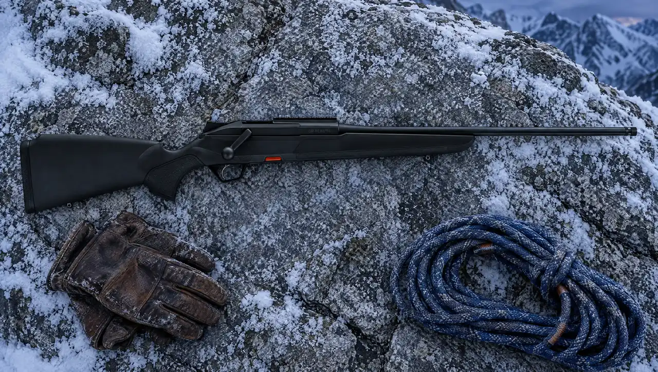 Black Beretta BRX1 straight-pull rifle with a 20 inch threaded barrel lying on a frost-dusted granite slab beside leather gloves and a coiled rope sling at dawn