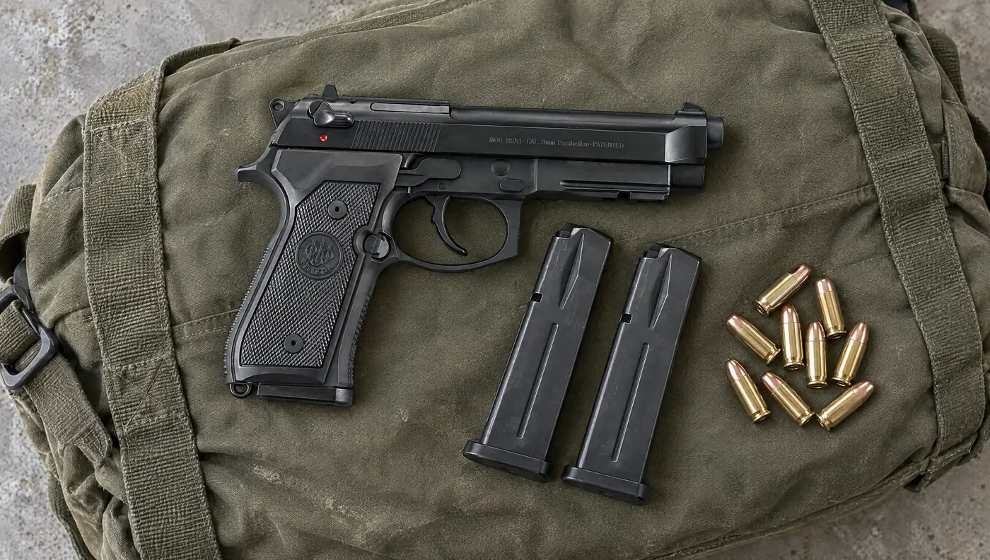 Beretta M9A1 9mm pistol in matte black, right side with the accessory rail and slide-mounted safety, lying on an olive duffel bag beside two magazines and 9mm cartridges