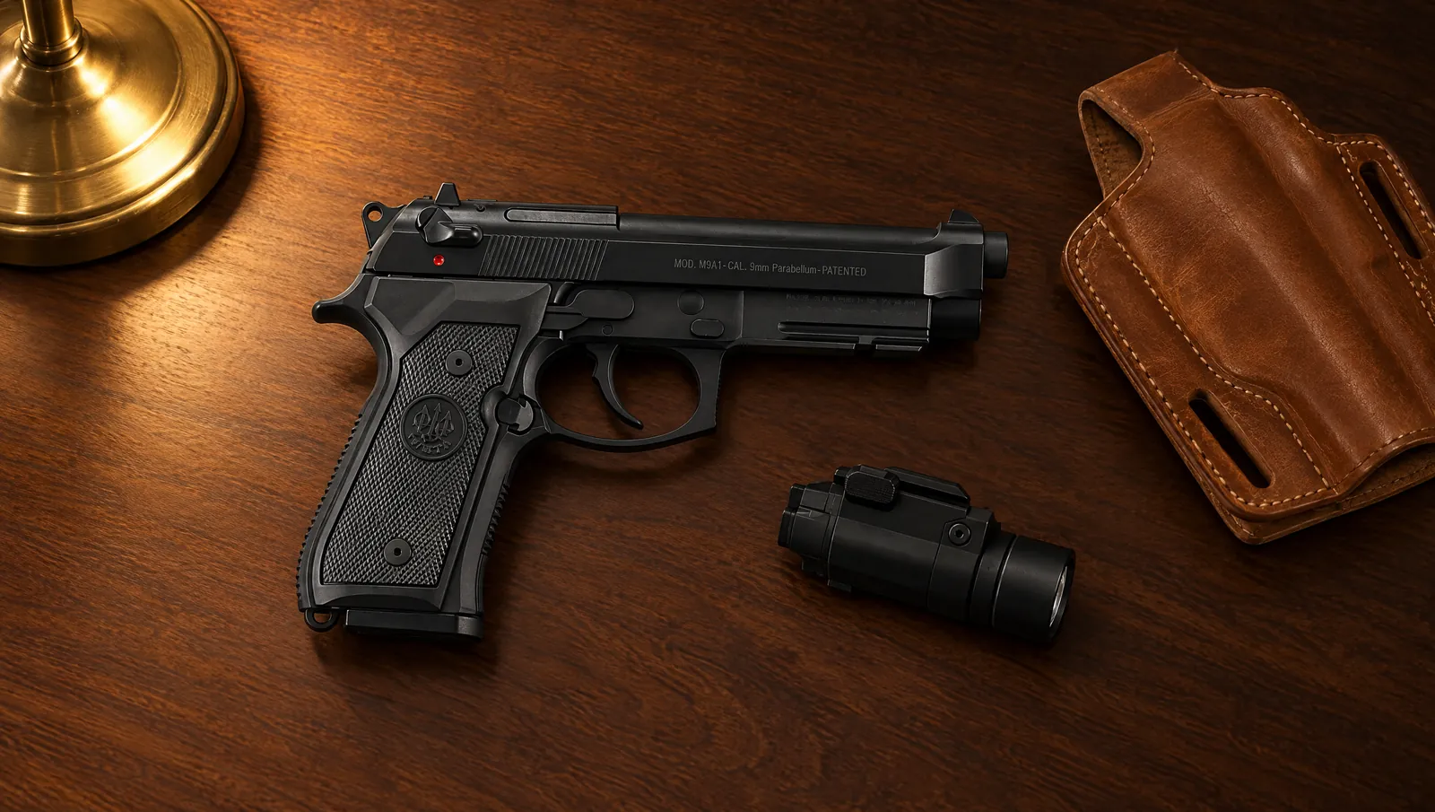 Beretta M9A1 pistol with its rail, checkered grip and lanyard loop, lying on a walnut desk beside a weapon light and a leather holster under lamplight