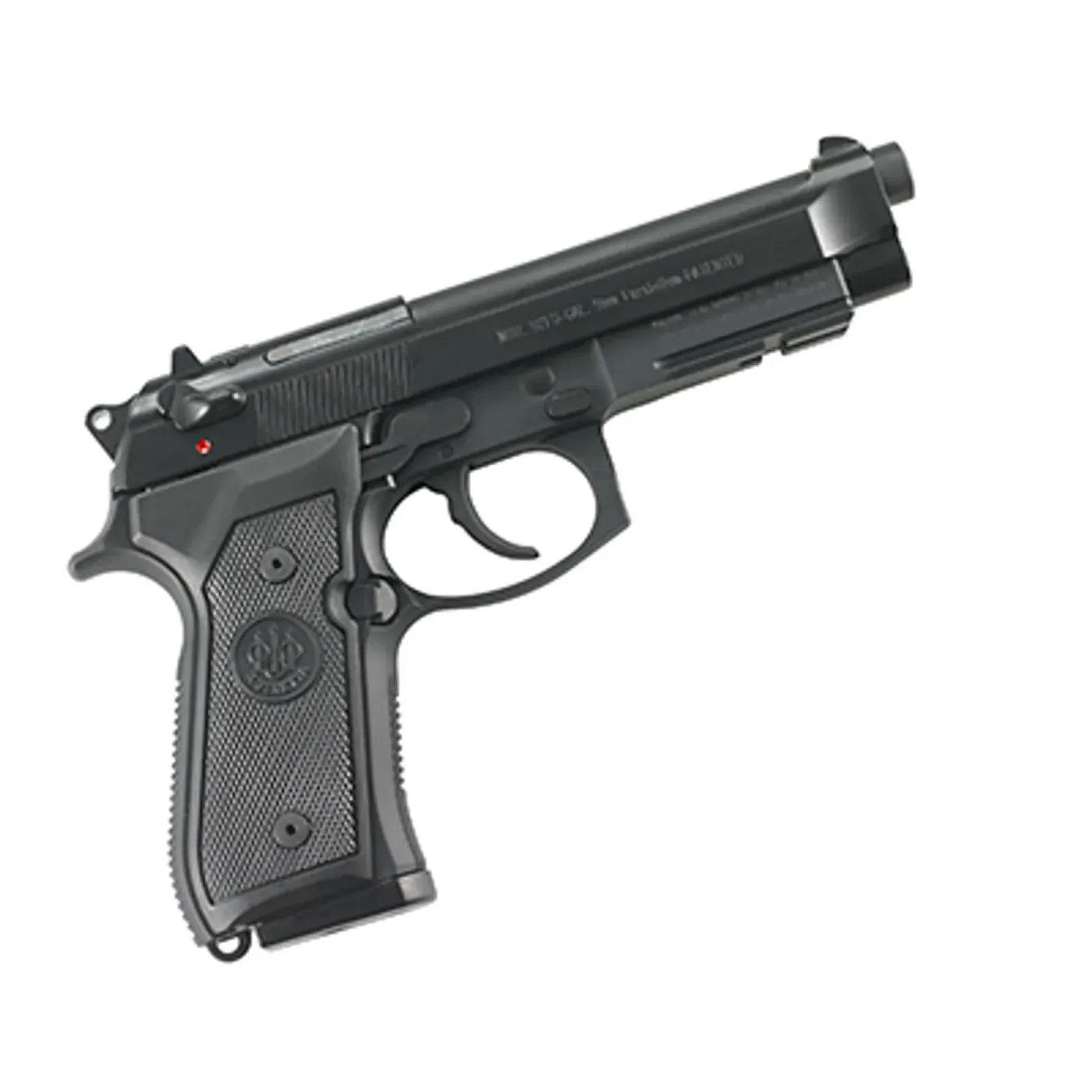 Beretta M9A1 right side showing the accessory rail on the dust cover, the open-top slide and the checkered grip, Beretta photo