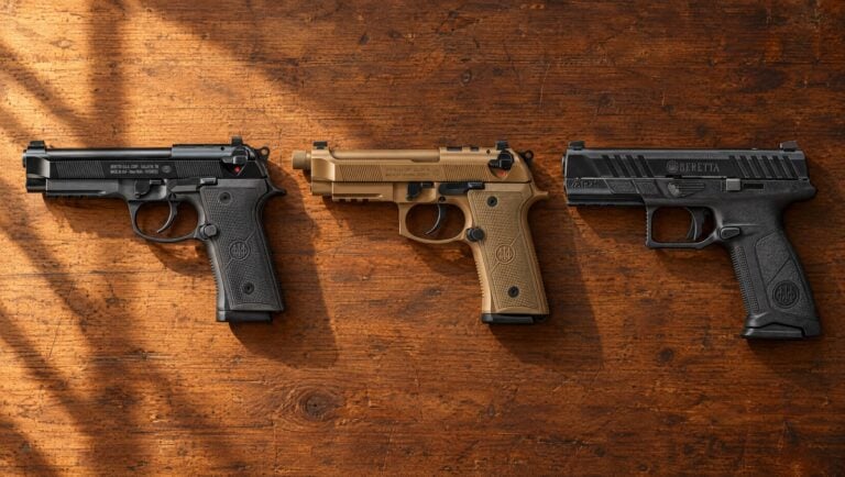 Beretta 92X RDO Full Size, M9A4 in Flat Dark Earth and APX A1 Full Size pistols lying flat on a walnut counter in evening sun, left sides showing