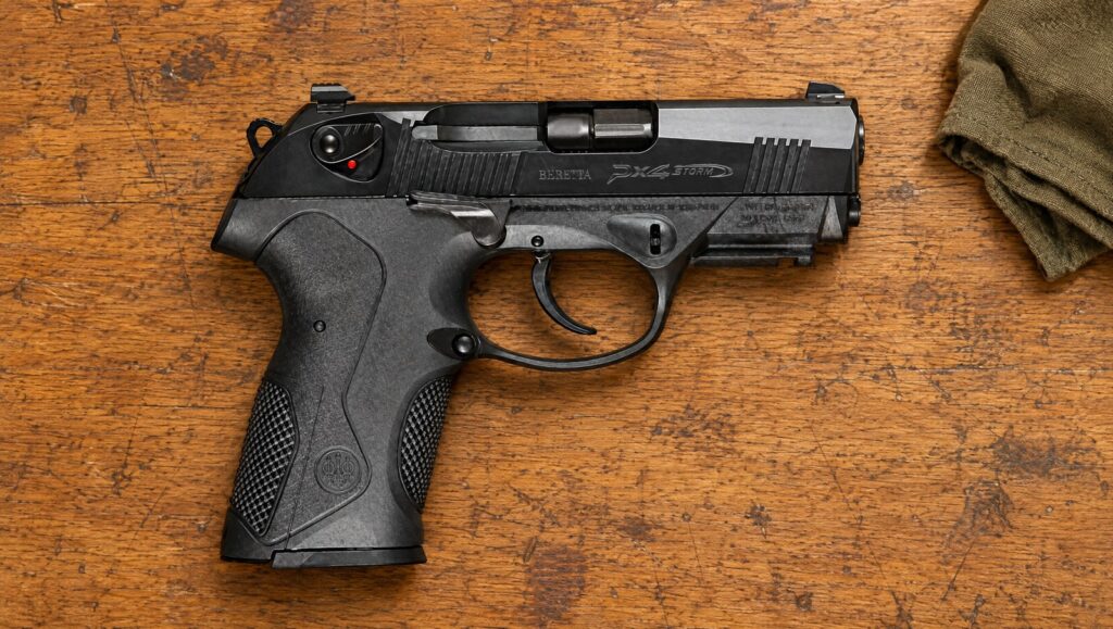 Beretta PX4 Storm Compact 9mm pistol lying flat on a worn oak workbench, right side showing the Px4 Storm slide logo, hammer and safety lever