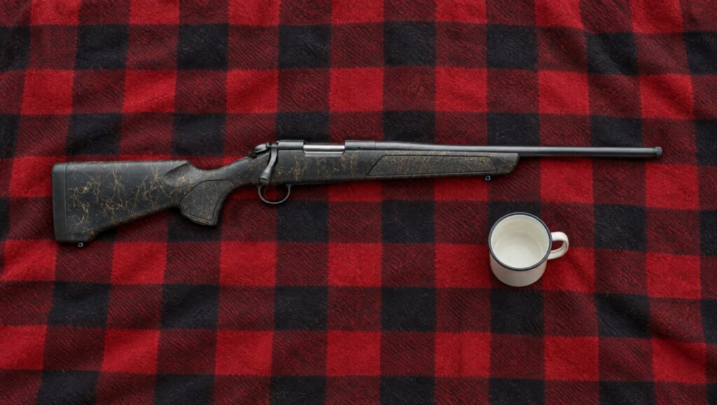 Bergara B-14 Stoke compact rifle with short synthetic stock and threaded barrel lying flat on a plaid wool blanket