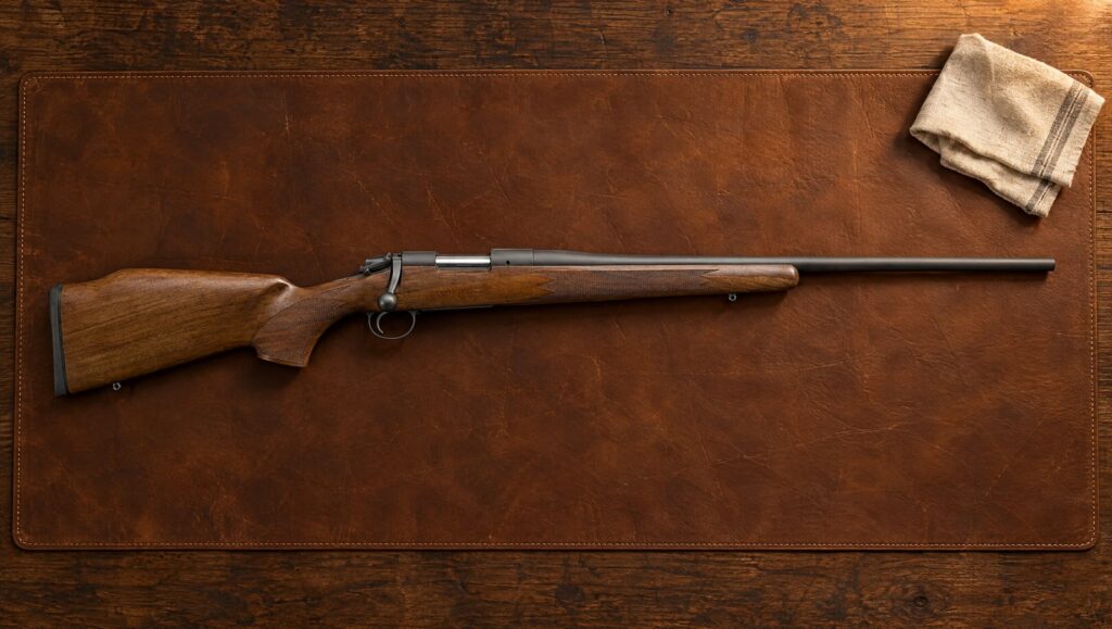Bergara B-14 Timber with Monte Carlo walnut stock and raised comb lying flat on a brown leather gun mat