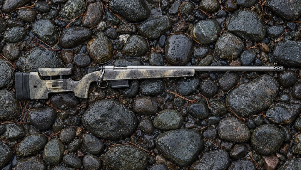 Bergara B-14 Wilderness HMR with camo mini-chassis stock, AICS magazine and Omni muzzle brake lying flat on wet river stones