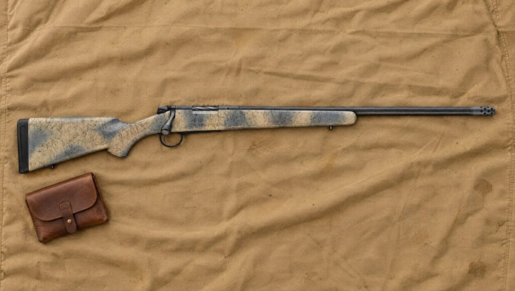 Bergara B-14 Wilderness Ridge Carbon with camo stock, CURE carbon fiber barrel and Omni muzzle brake lying flat on a canvas tarp