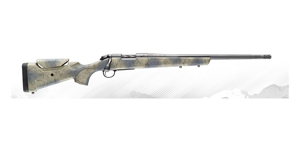 Bergara B-14 Wilderness Sierra with adjustable-comb camo stock, fluted barrel and Omni muzzle brake, side view