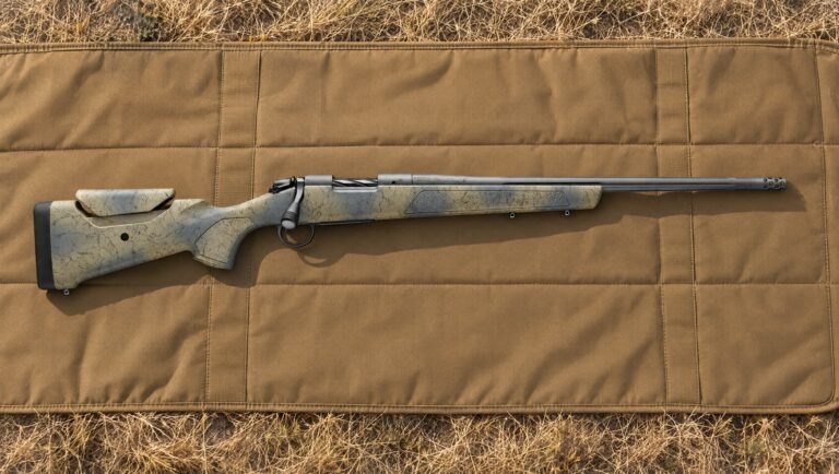 Bergara B-14 Wilderness Sierra with camo stock, fluted barrel and muzzle brake lying flat on a tan shooting mat on dry prairie grass