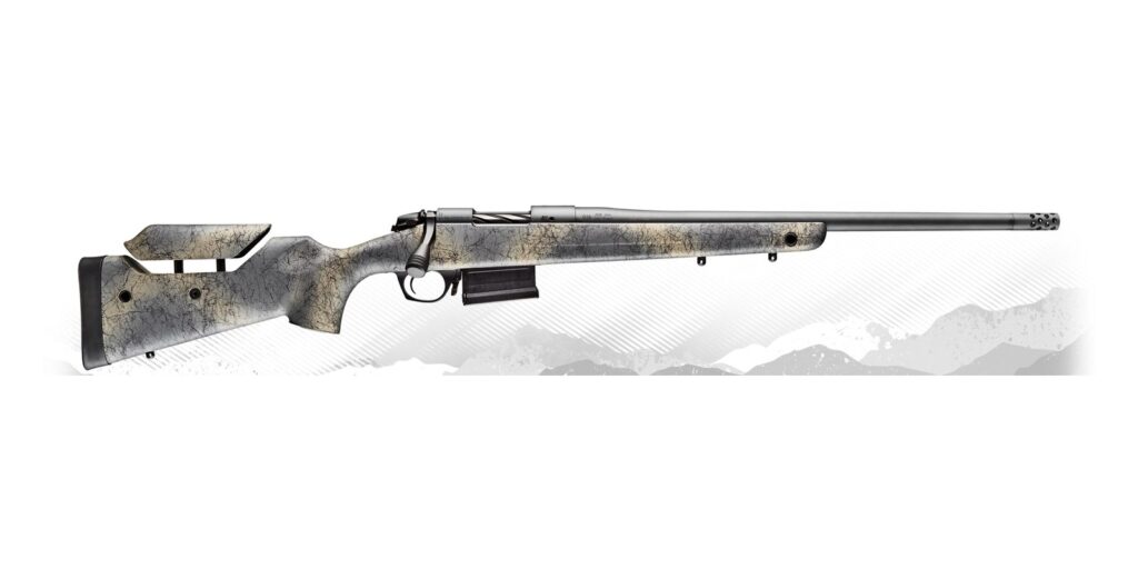 Bergara B-14 Wilderness Terrain with camo Terrain stock, AICS magazine and Omni muzzle brake, side view