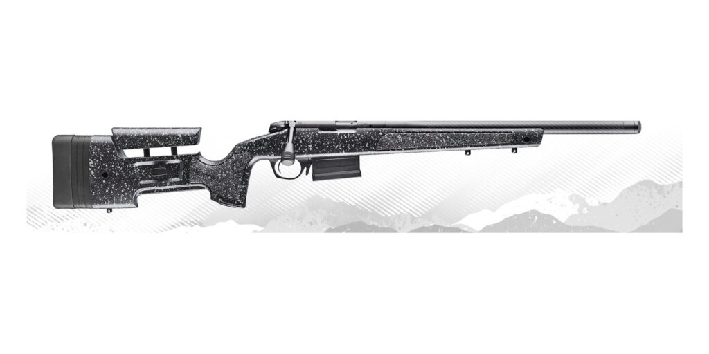 Bergara B-14R Carbon .22 LR trainer with black speckled HMR stock and carbon fiber barrel, side view