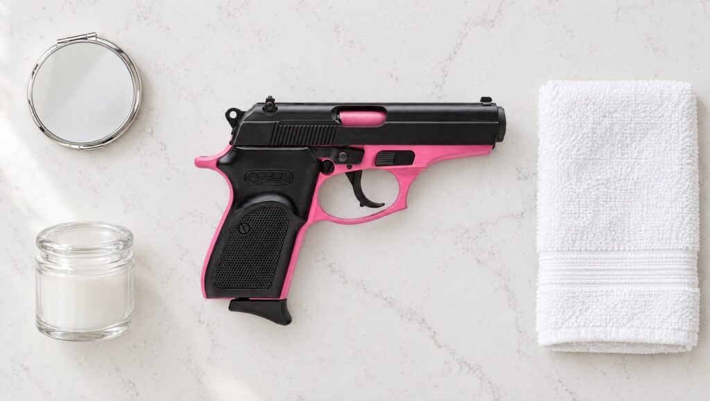Bersa Thunder 380 pistol with a pink frame lying flat on a white quartz vanity beside a mirror compact, a glass jar and a towel