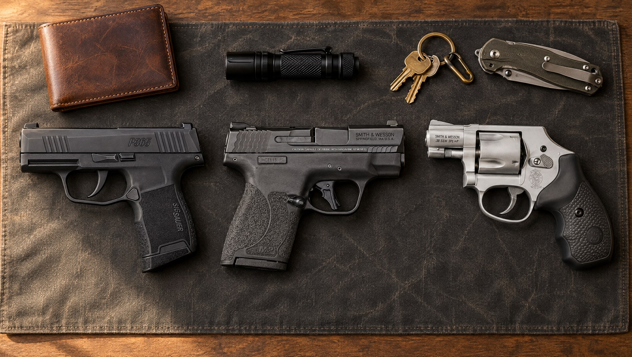Three of our best concealed carry handguns: the Sig Sauer P365, the S&W M&P Shield Plus and the S&W 642