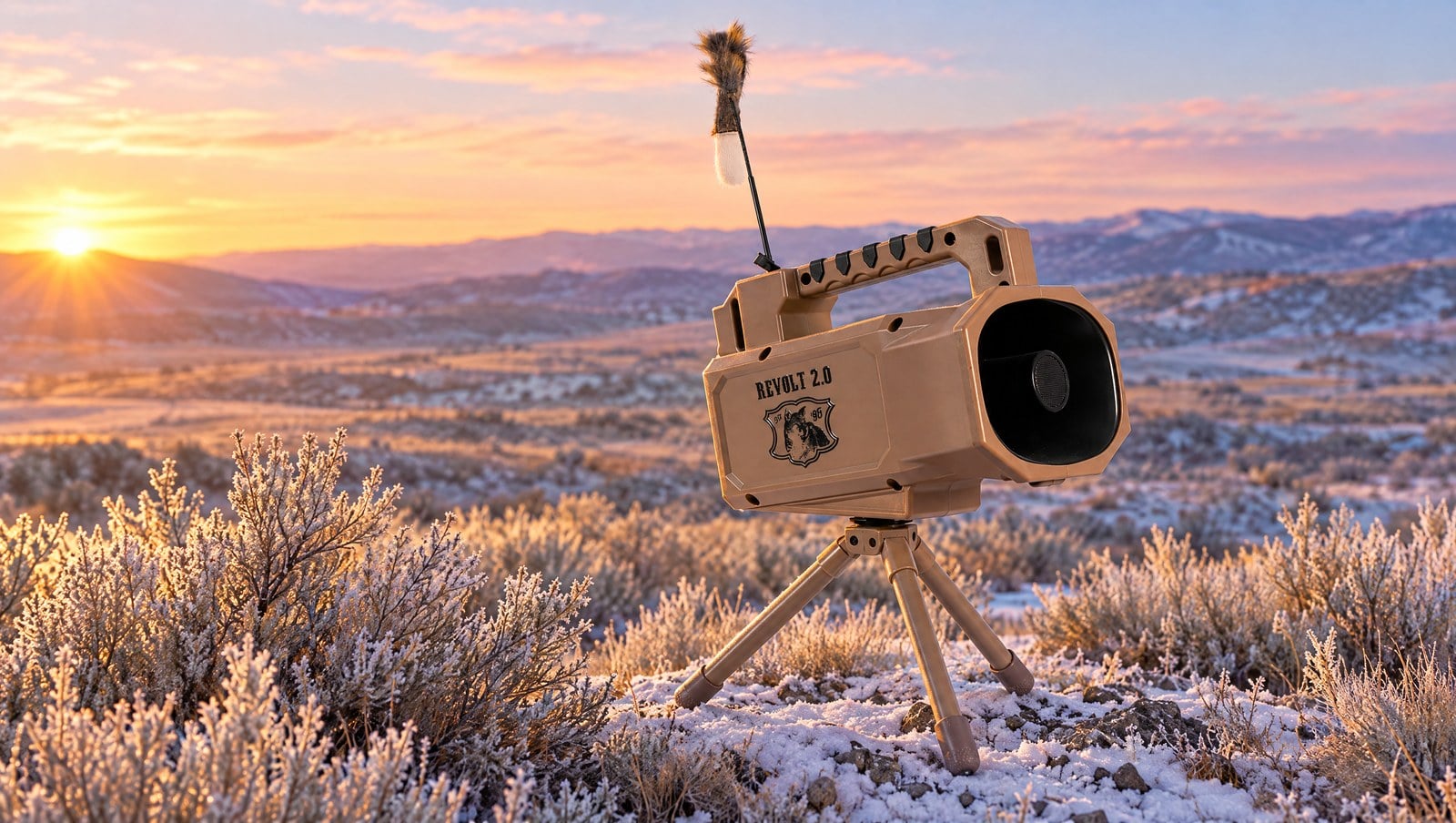 Lucky Duck Revolt 2.0 electronic coyote call on its tripod in frosty sagebrush at sunrise